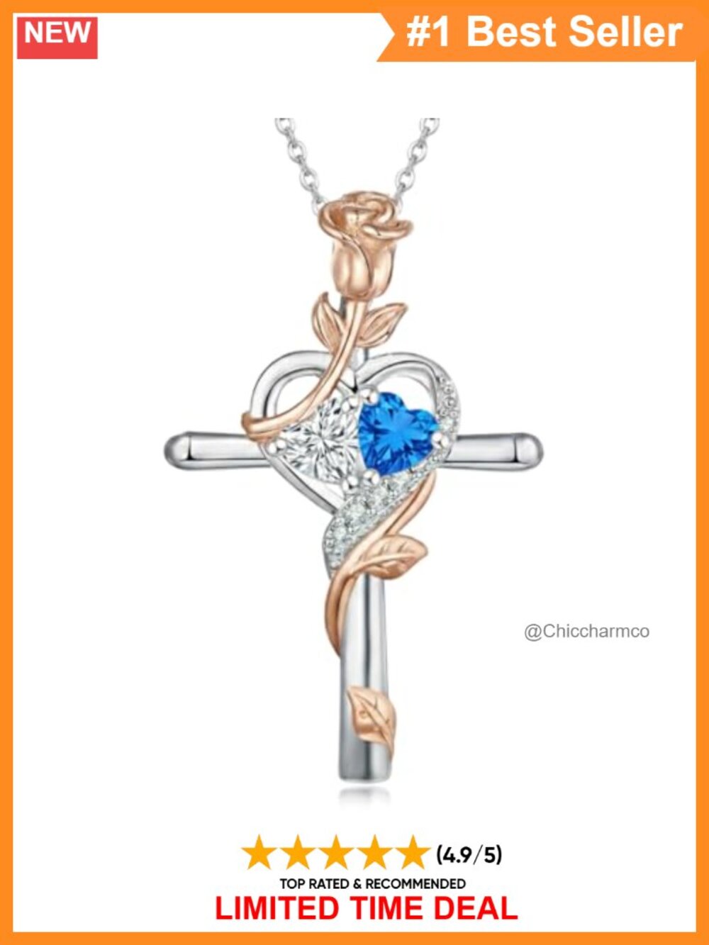 Birthstone Cross Necklace Rose Pendant Heart Jewelry for Women Gift